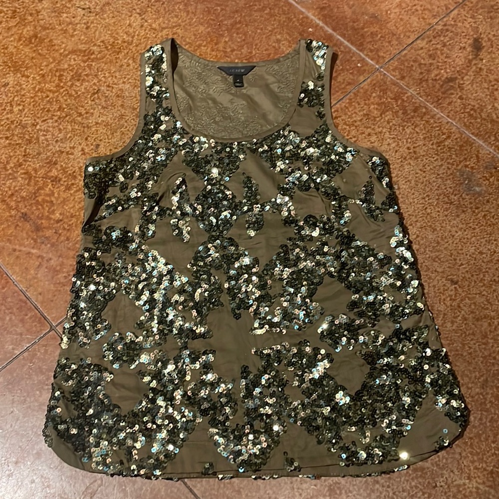 J Crew Irridescanr Olive Green Mermain Scope Neck Tank Top